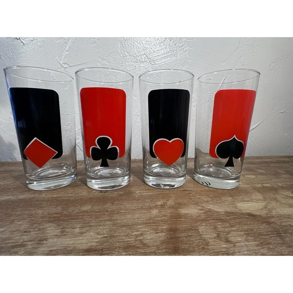 Set of 4 Vintage MCM Playing Card Glasses Hearts, Diamonds, Clubs, Spades 5 1/2